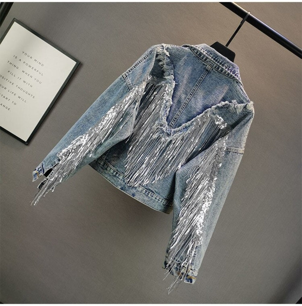 Sequined Fringed Short Style Denim Jacket - Festigal
