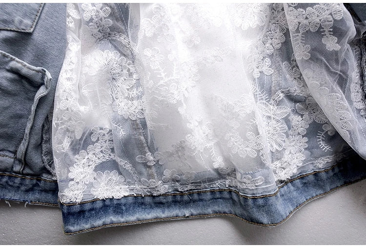 Embroidery Lace Patchwork Denim Jacket - Festigal