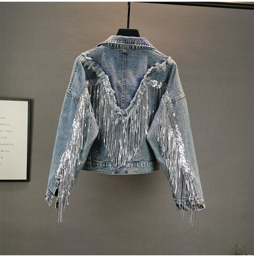 Sequined Fringed Short Style Denim Jacket - Festigal