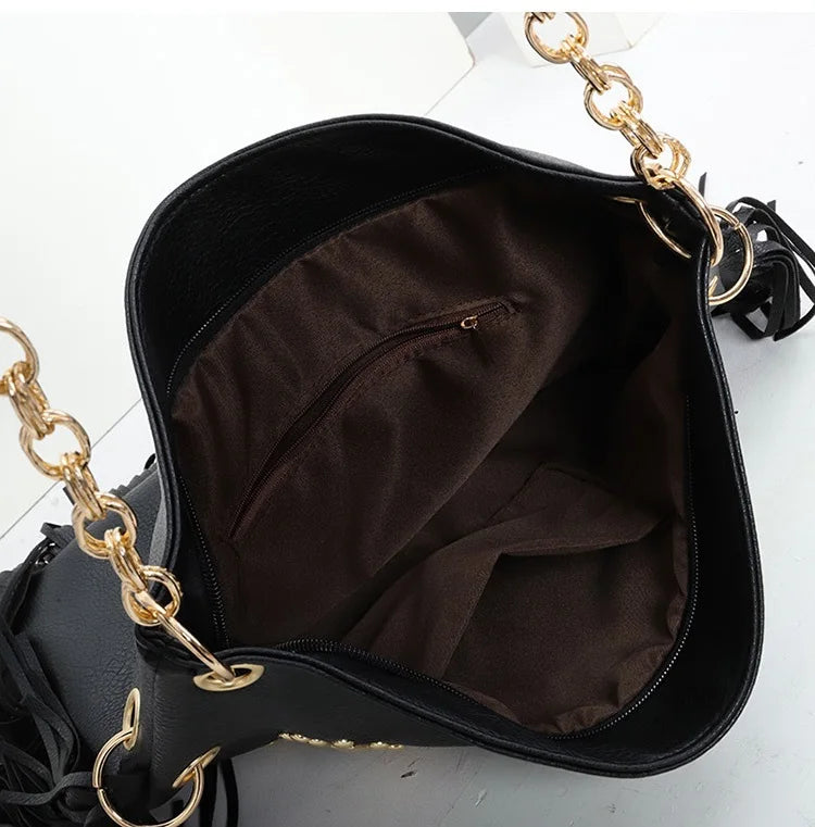 Black Studded Tassel Shoulder Bag - Festigal