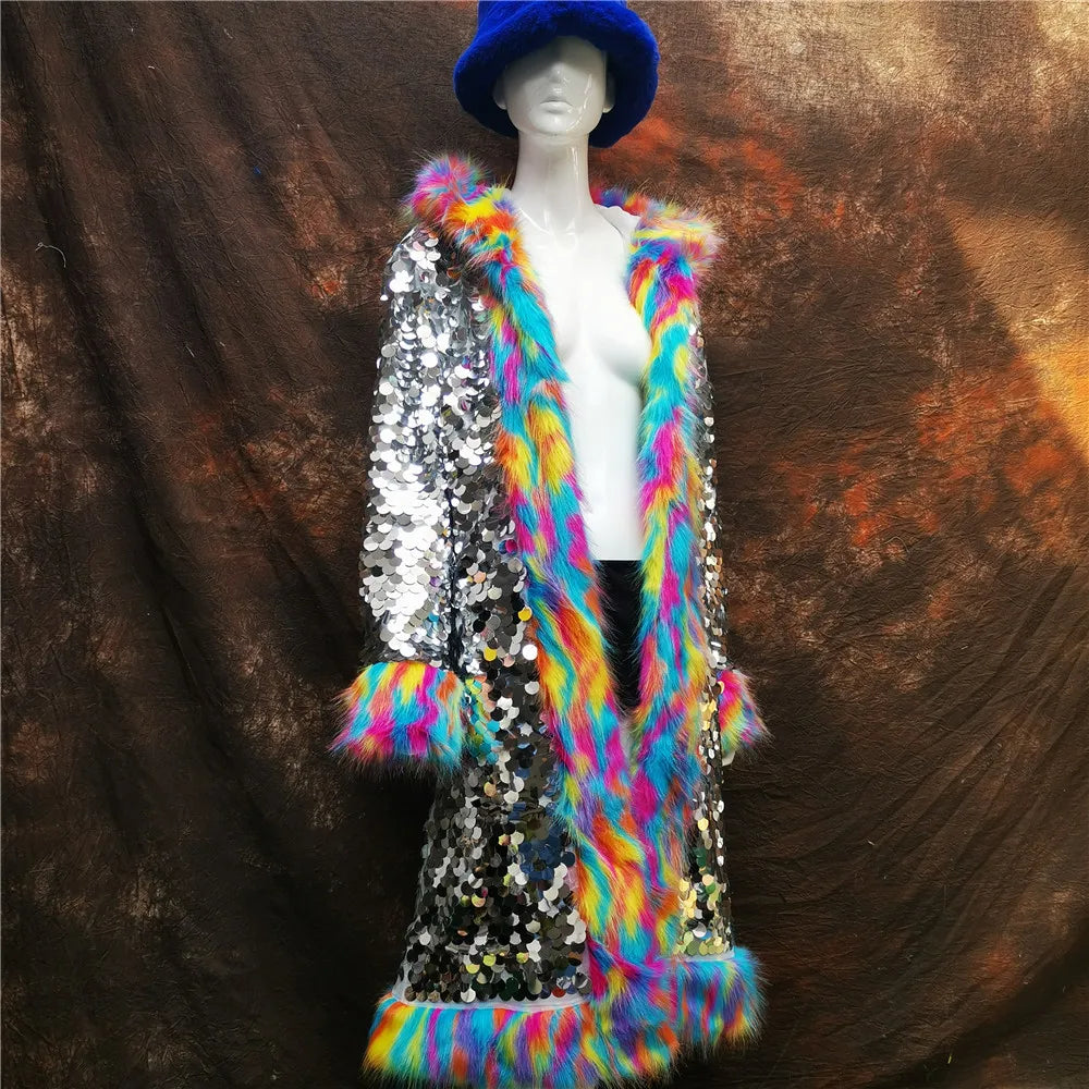 Sequin Fur Trim Afghan Coat - Festigal