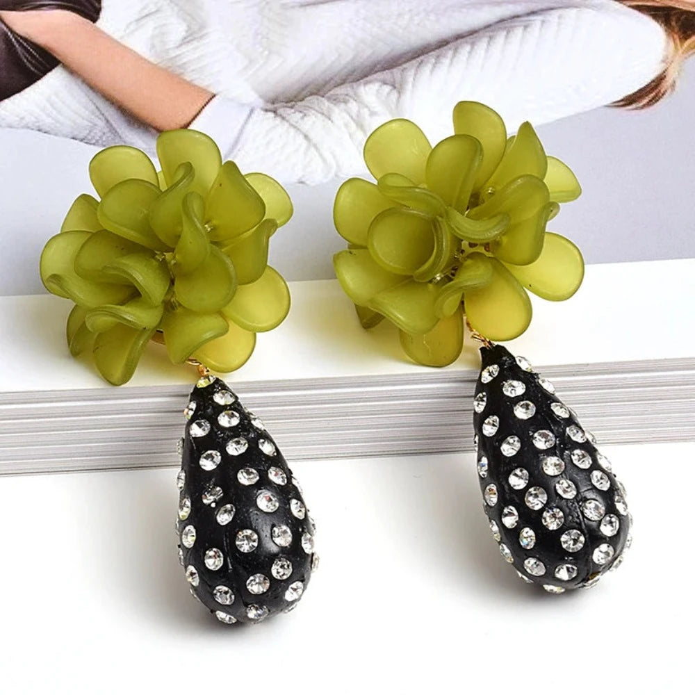 Statement Flower & Rhinestone Waterdrop Earrings - Festigal