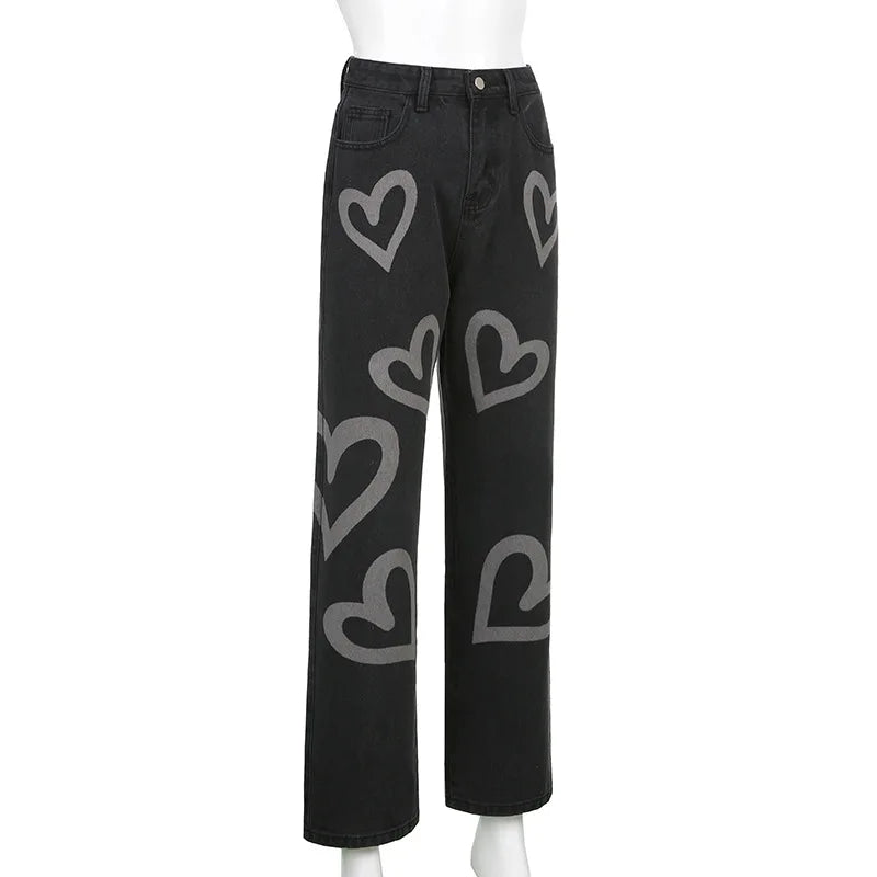 Vintage Heart Printed Wide Legged Jeans - Festigal