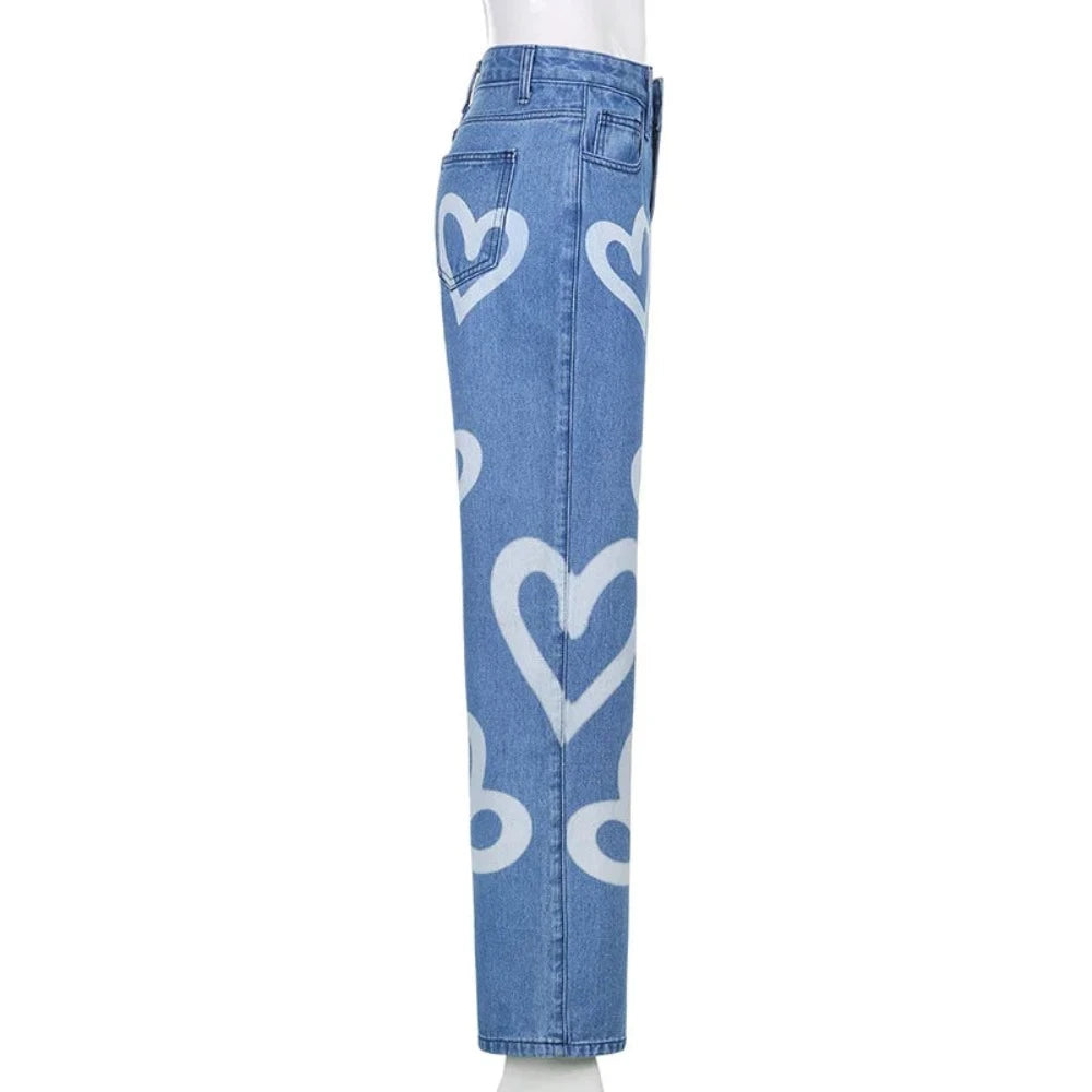 Vintage Heart Printed Wide Legged Jeans - Festigal