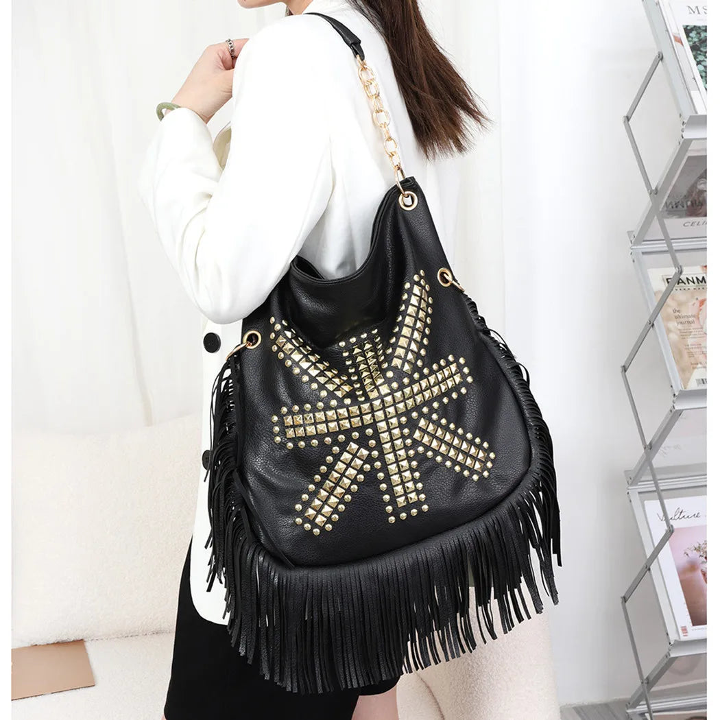 Black Studded Tassel Shoulder Bag - Festigal