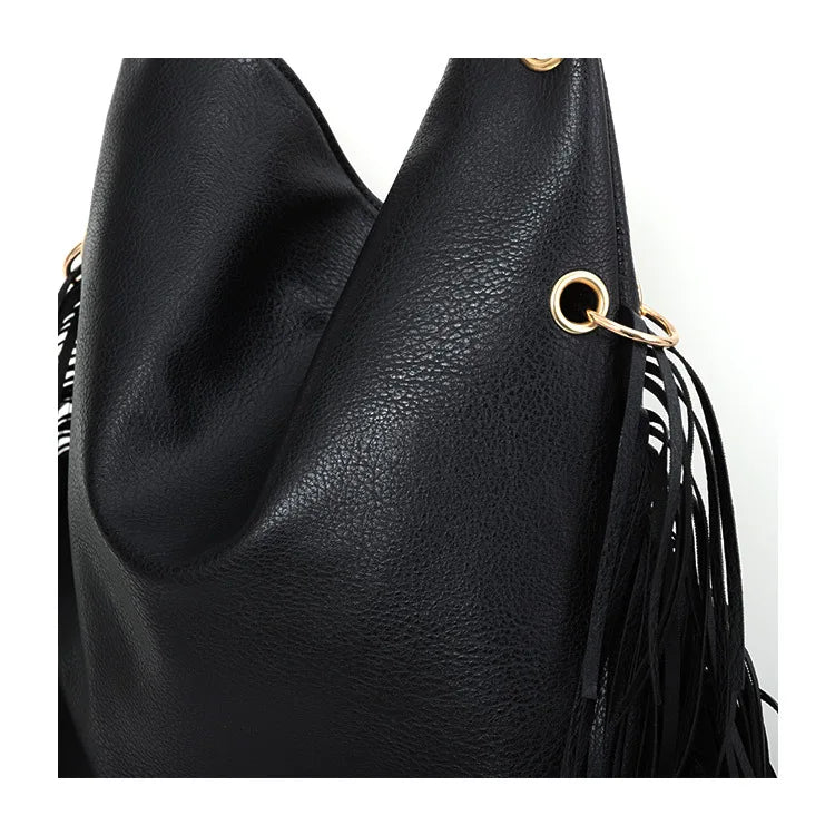 Black Studded Tassel Shoulder Bag - Festigal