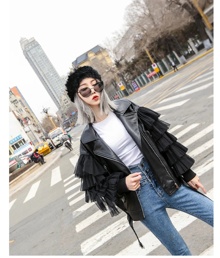 Faux Leather Ruffle Sleeve Jacket