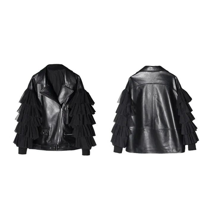 Faux Leather Ruffle Sleeve Jacket - Festigal