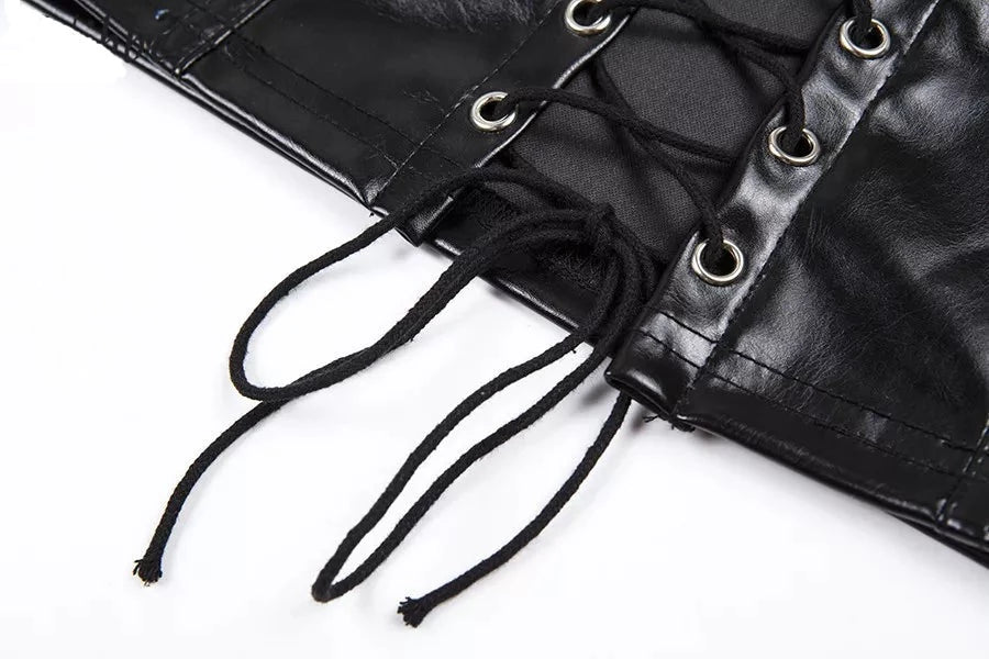 Lace Up Black PU Leather Crop Top - Festigal