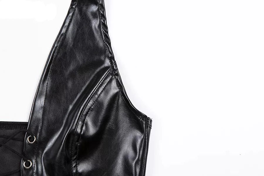 Lace Up Black PU Leather Crop Top - Festigal