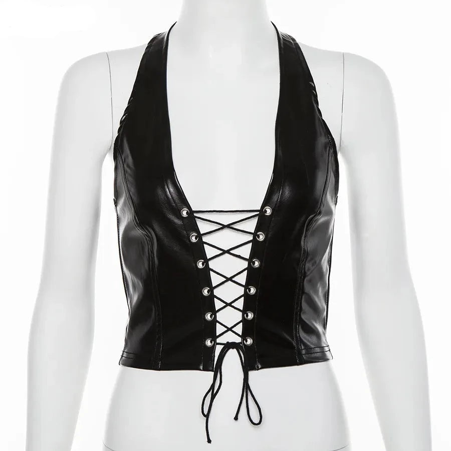 Lace Up Black PU Leather Crop Top - Festigal