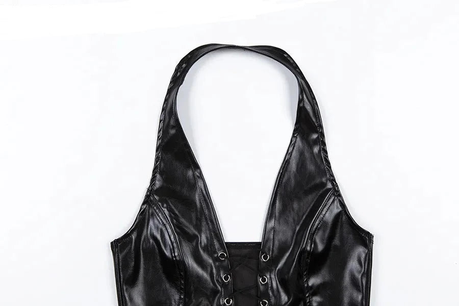 Lace Up Black PU Leather Crop Top - Festigal