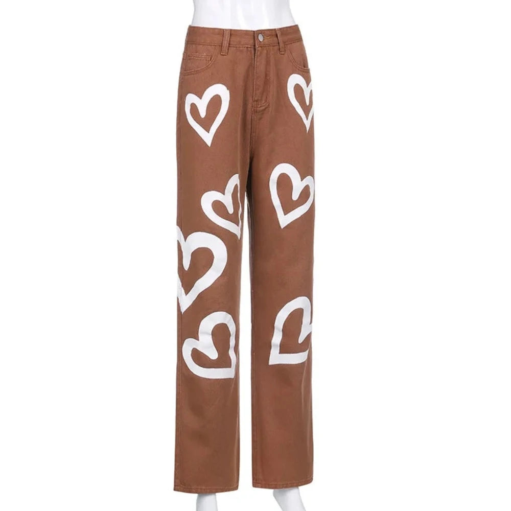 Vintage Heart Printed Wide Legged Jeans - Festigal