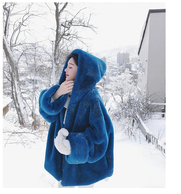 Oversized Blue Faux Fur Coat - Festigal