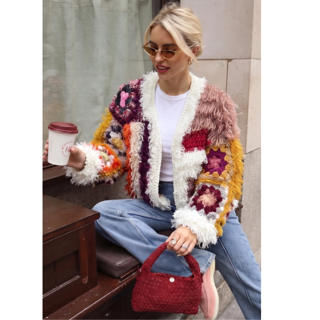 Hand Crochet Floral Patchwork Shaggy Statement Cardigan