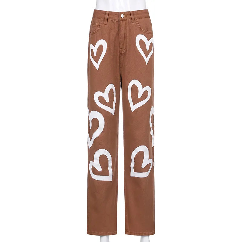 Vintage Heart Printed Wide Legged Jeans - Festigal