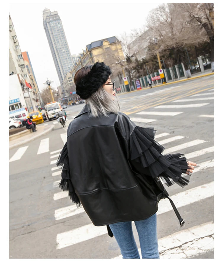 Faux Leather Ruffle Sleeve Jacket - Festigal