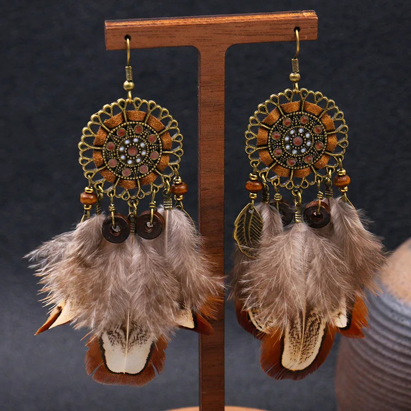 Bohemian Feather Tassel Dream Catcher Earrings - Festigal
