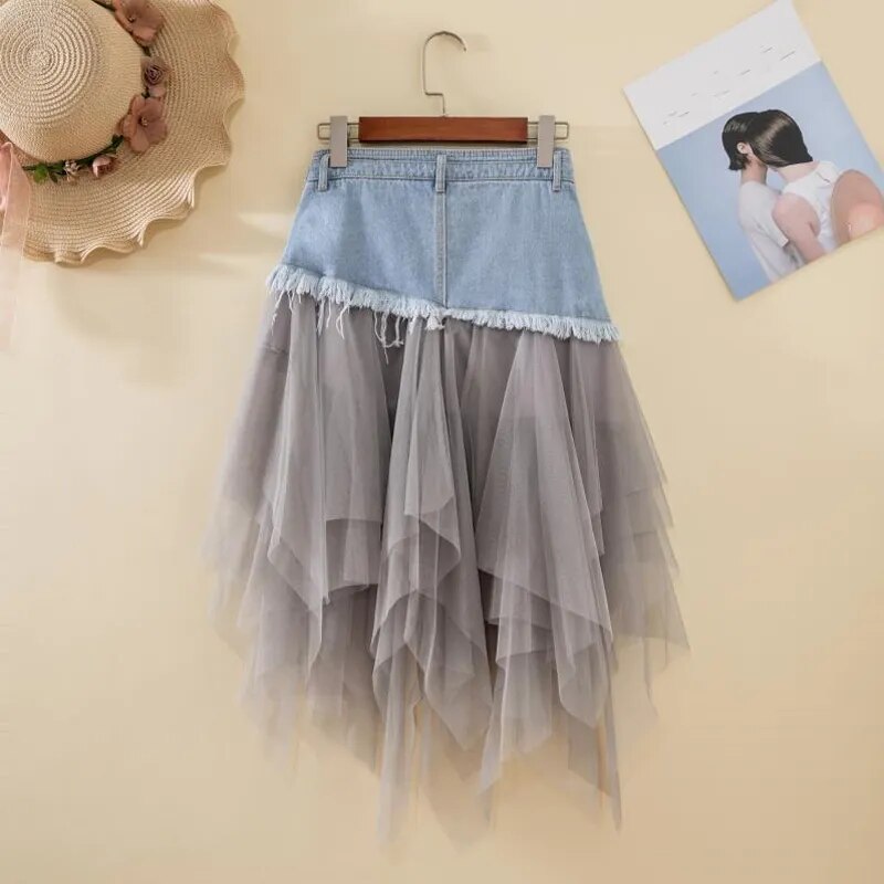 Asymmetrical Denim Jeans Tulle Skirt - Festigal