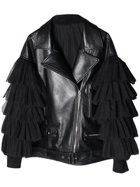 Faux Leather Ruffle Sleeve Jacket