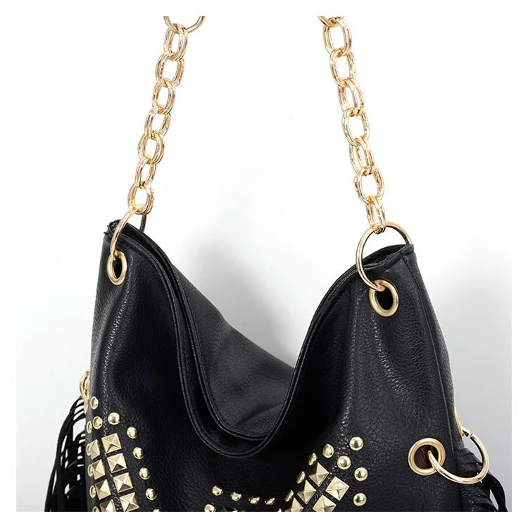 Black Studded Tassel Shoulder Bag - Festigal