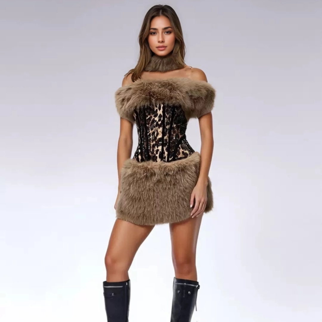 Model wearing a leopard print dress with fur trim on a white background