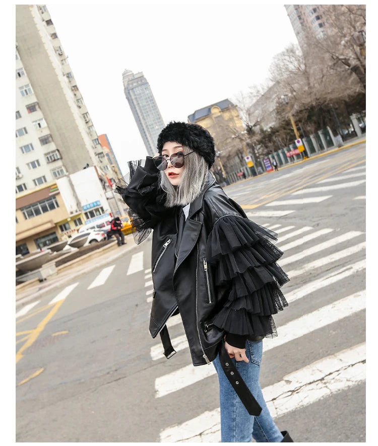 Faux Leather Ruffle Sleeve Jacket