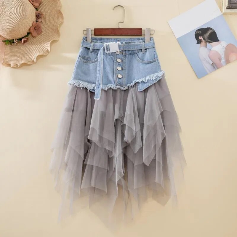 Asymmetrical Denim Jeans Tulle Skirt - Festigal