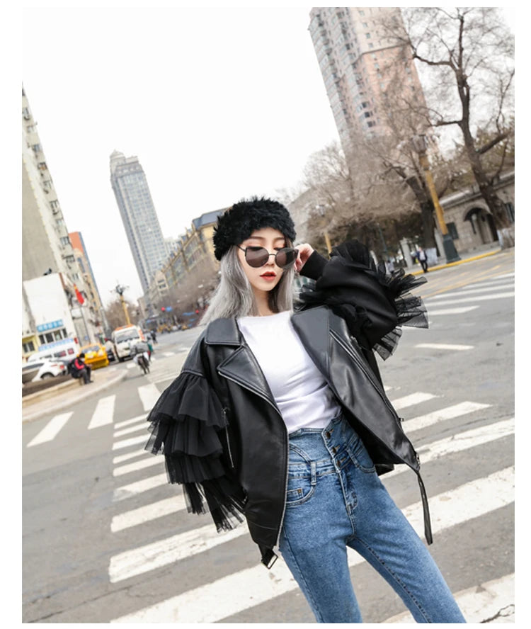 Faux Leather Ruffle Sleeve Jacket - Festigal