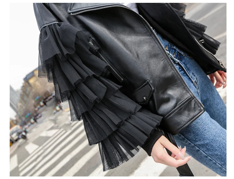 Faux Leather Ruffle Sleeve Jacket