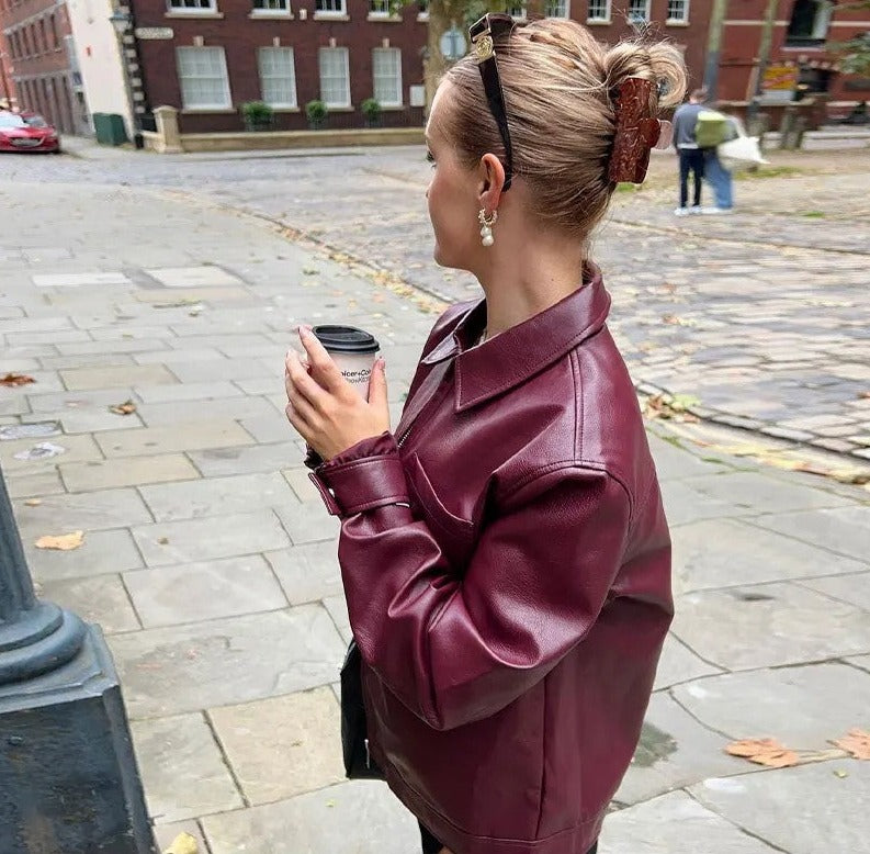 Burgundy Imitation Leather Loose Jacket - Festigal