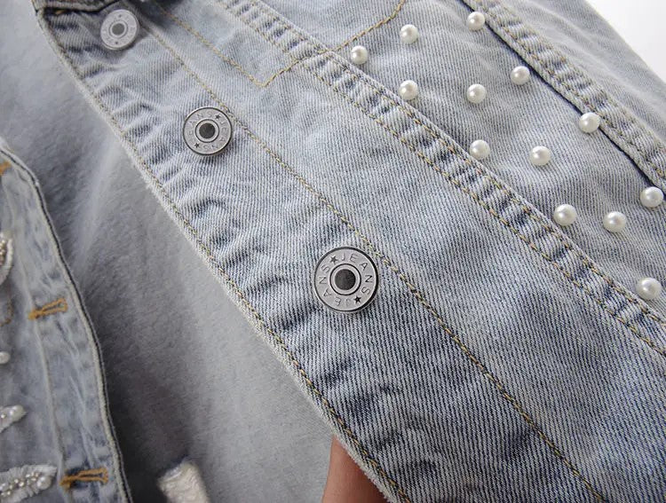 Embroidered Pearly Beaded Denim Vest - Festigal