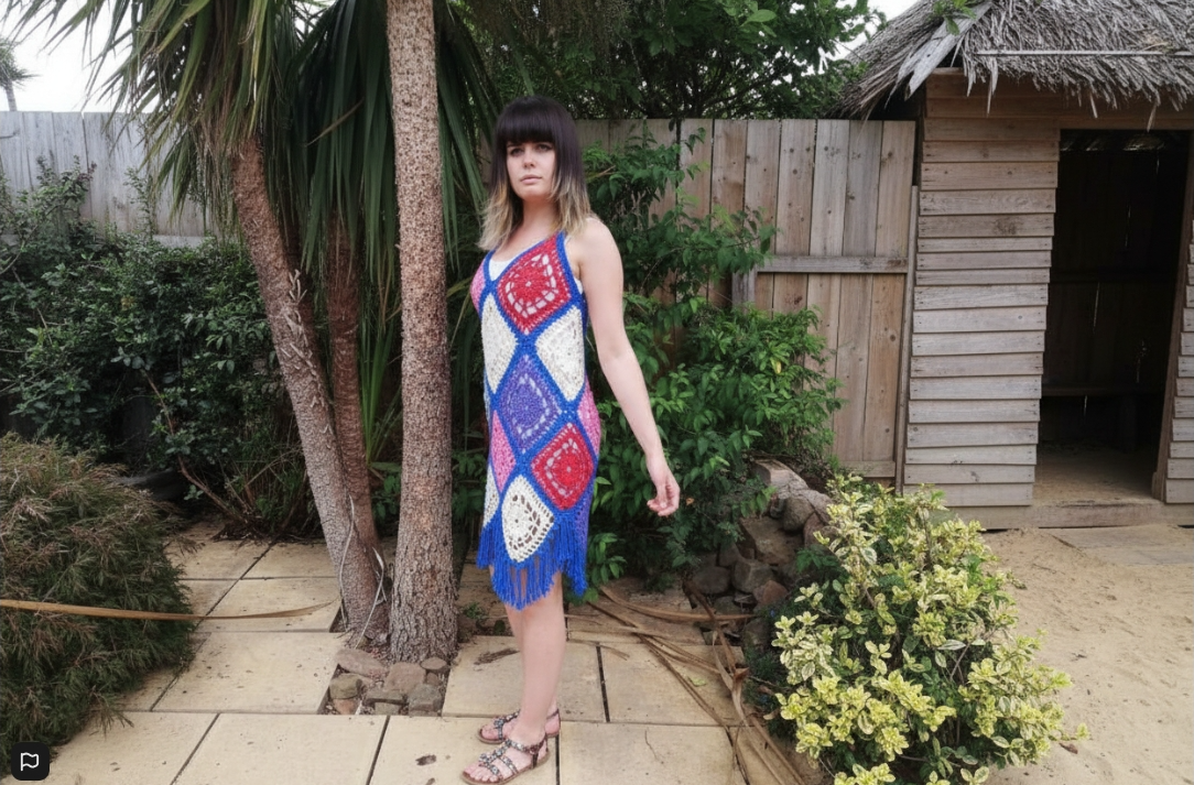 Handgefertigtes, einzigartiges Boho Häkel-Oma-Quadrat-Kleid