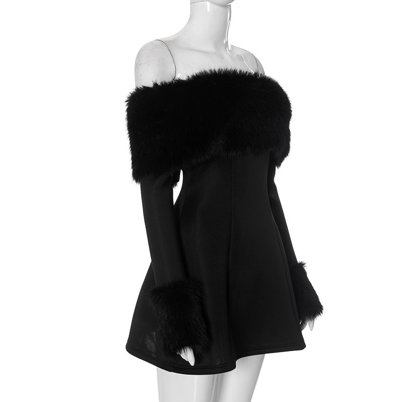 Faux Fur Trim A-Line Dress - Festigal