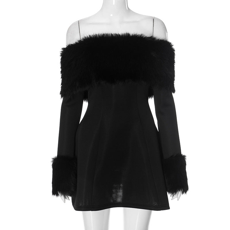 Faux Fur Trim A-Line Dress - Festigal