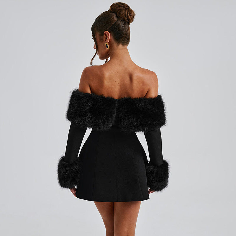 Faux Fur Trim A-Line Dress - Festigal
