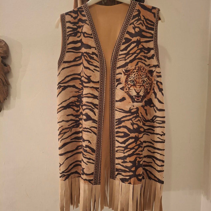 Tan and brown fringed tassel tiger gilet. One Size - Festigal