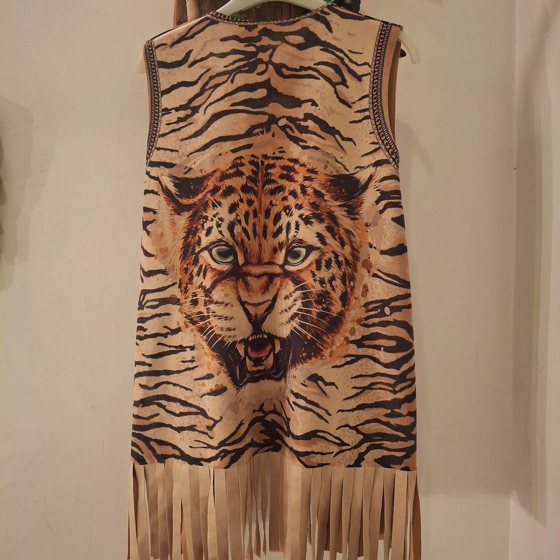 Tan and brown fringed tassel tiger gilet. One Size - Festigal