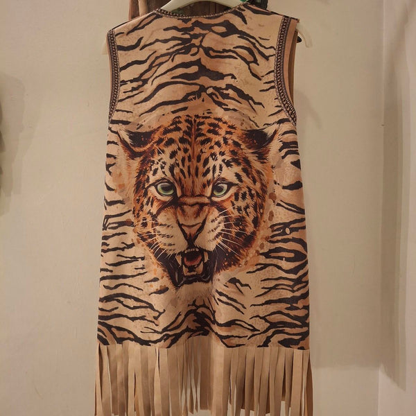 Tan and brown fringed tassel tiger gilet. One Size