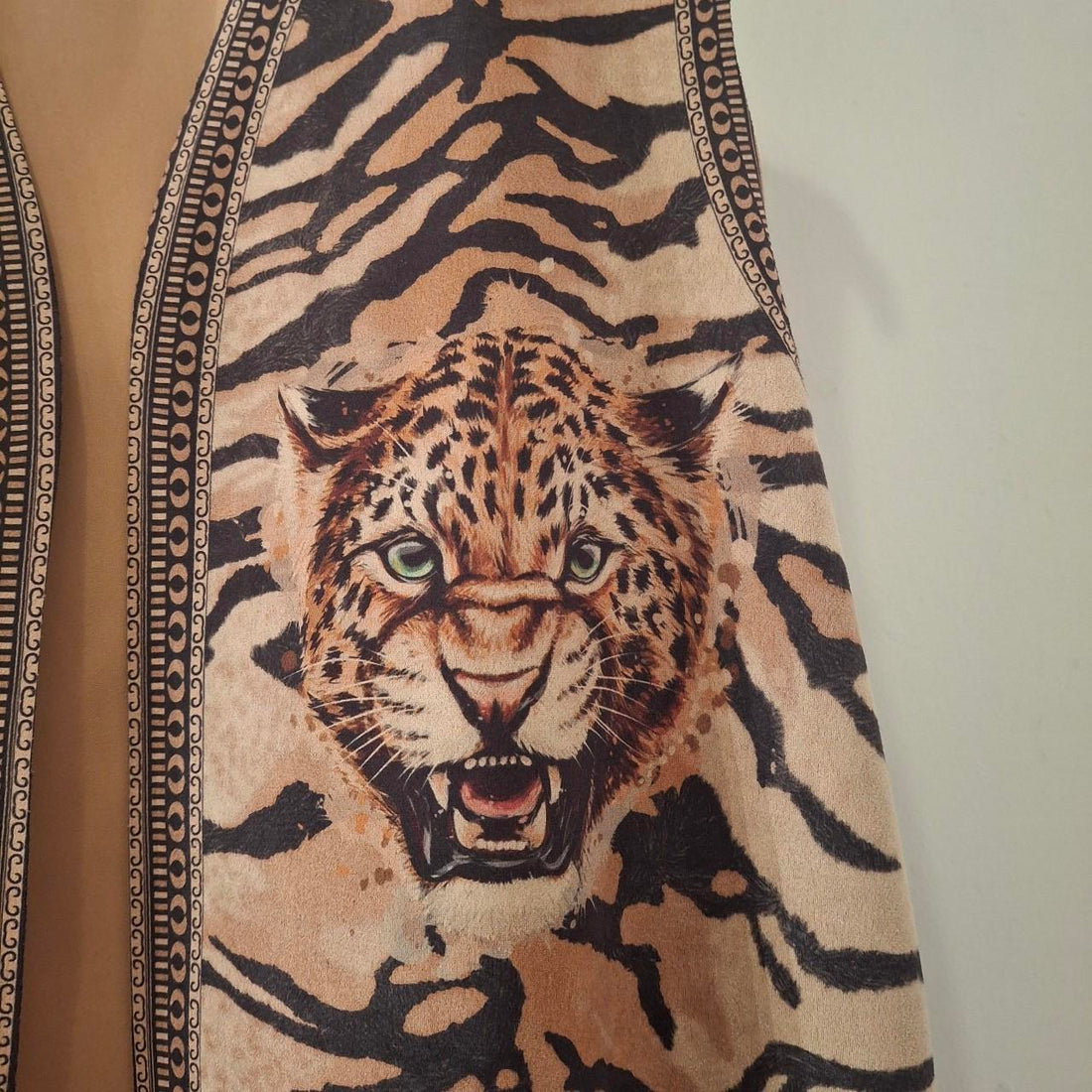 Tan and brown fringed tassel tiger gilet. One Size - Festigal