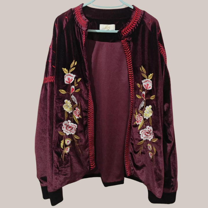 JCL Vintage Purple Velour Embroidered Floral Jacket Size Small - Festigal