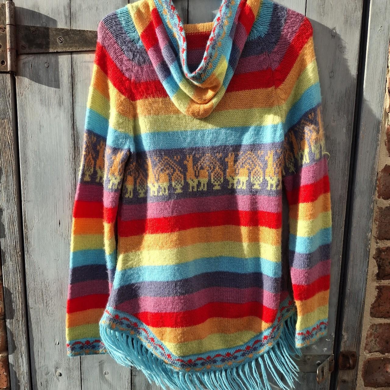 Colourful Multi-Coloured Rainbow Alpaca Wool Poncho With Fringed Hem. - Festigal
