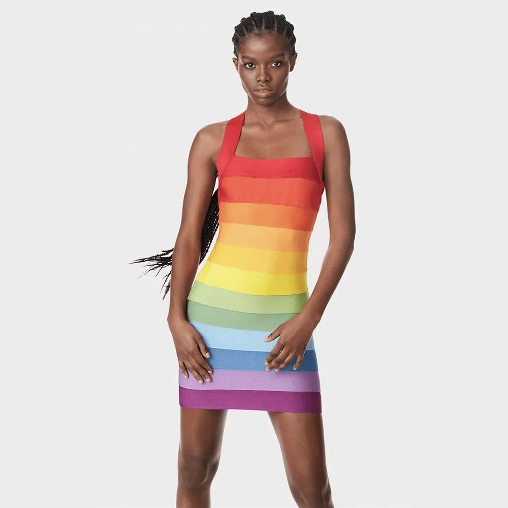 rainbow bandage bodycon dress Women Sexy Bandage Rainbow Color Bodycon Evening Party Short Dress