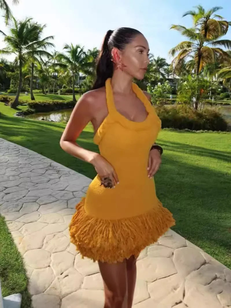 Orange Braided Fluffy Trim Dress - Festigal