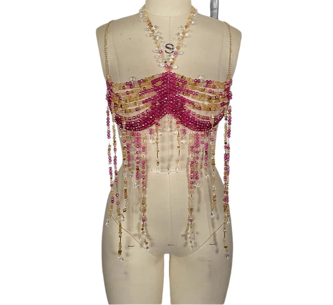 Beaded Tassel Chain Halter Neck Top