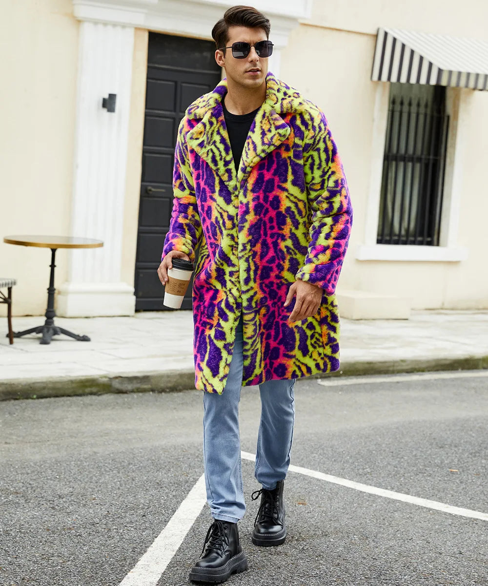 Men's Neon Leopard Print Faux Fur Coat - Festigal