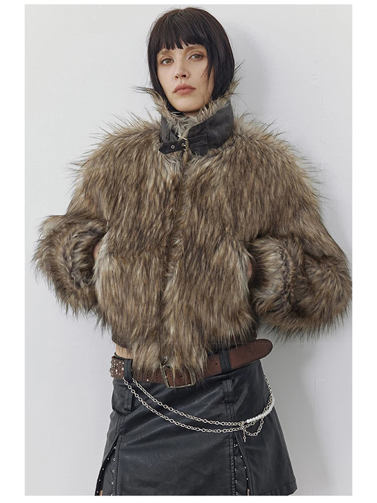 Brown Shaggy Faux Fur Coat - Festigal