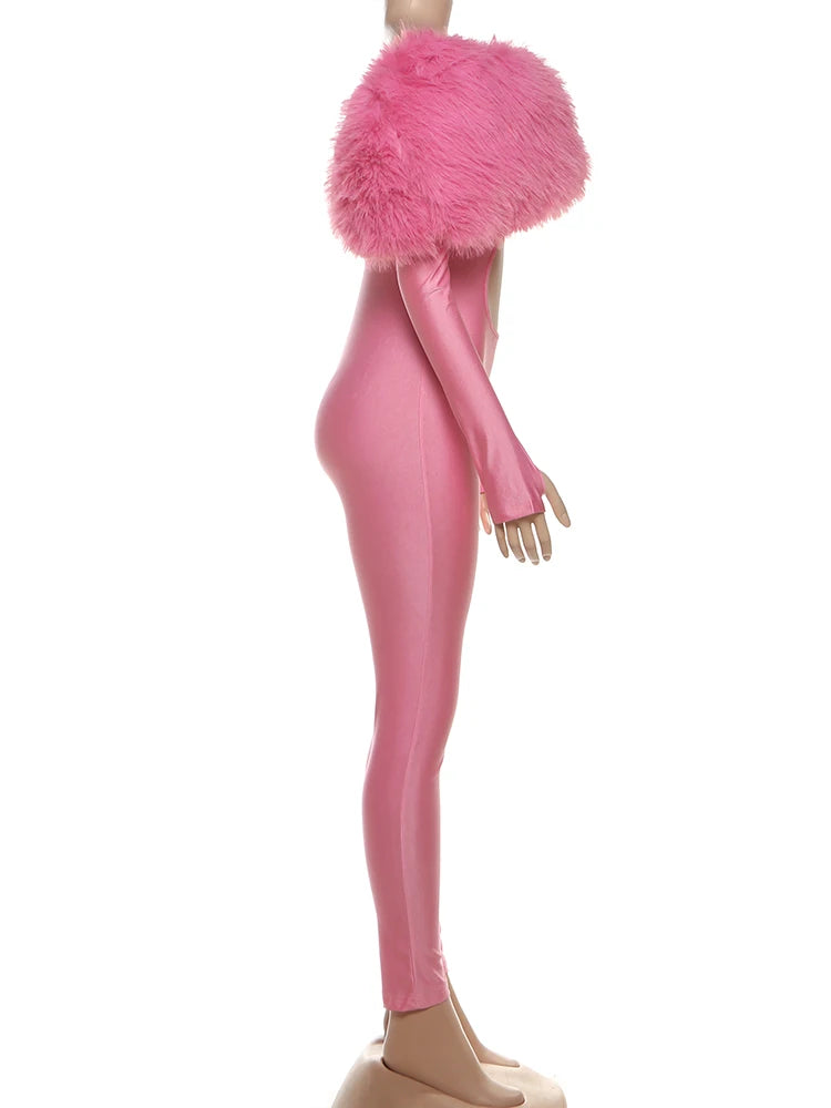 Fur Cut Out Wet Look Bodysuit