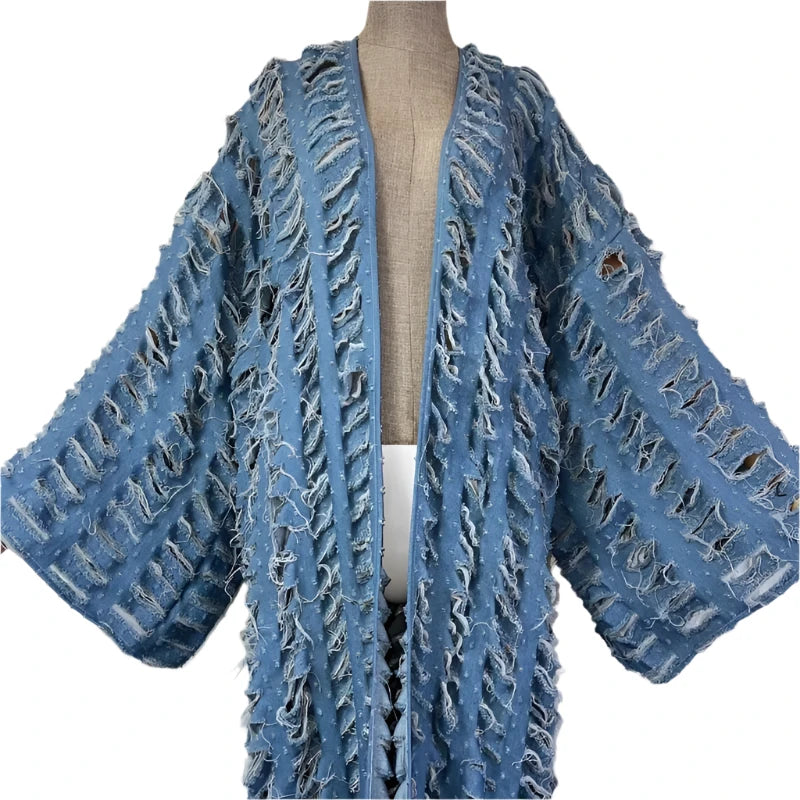 Blue Distressed Long Maxi Cardigan - Festigal