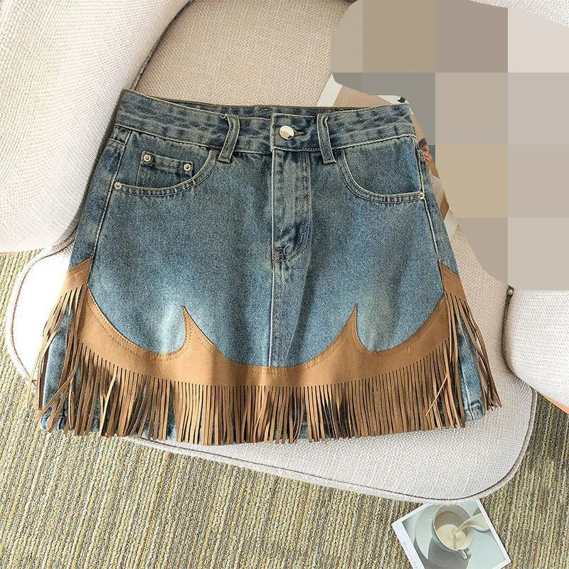 Western Denim Tassel Skirt